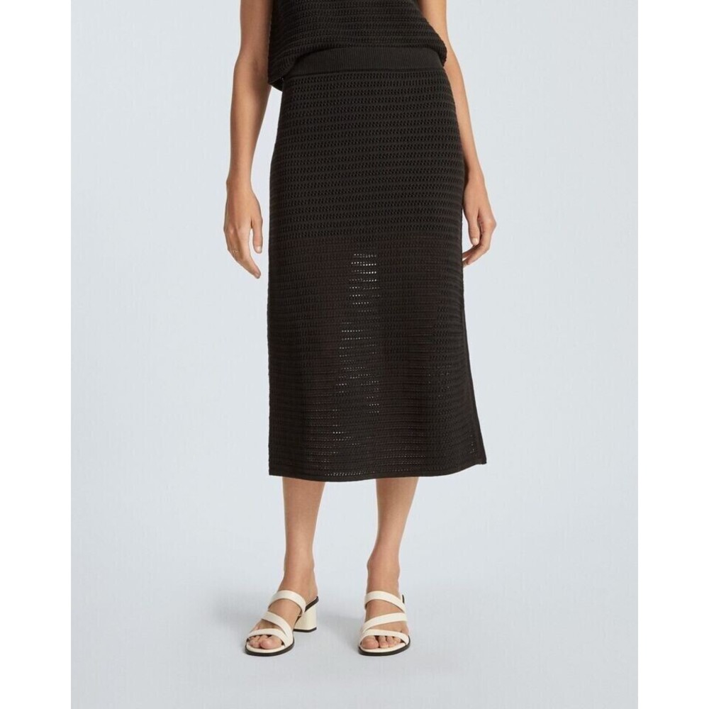 Everlane The Crochet Knit Skirt Black Organic Cotton Midi Side Slit Size S NWT